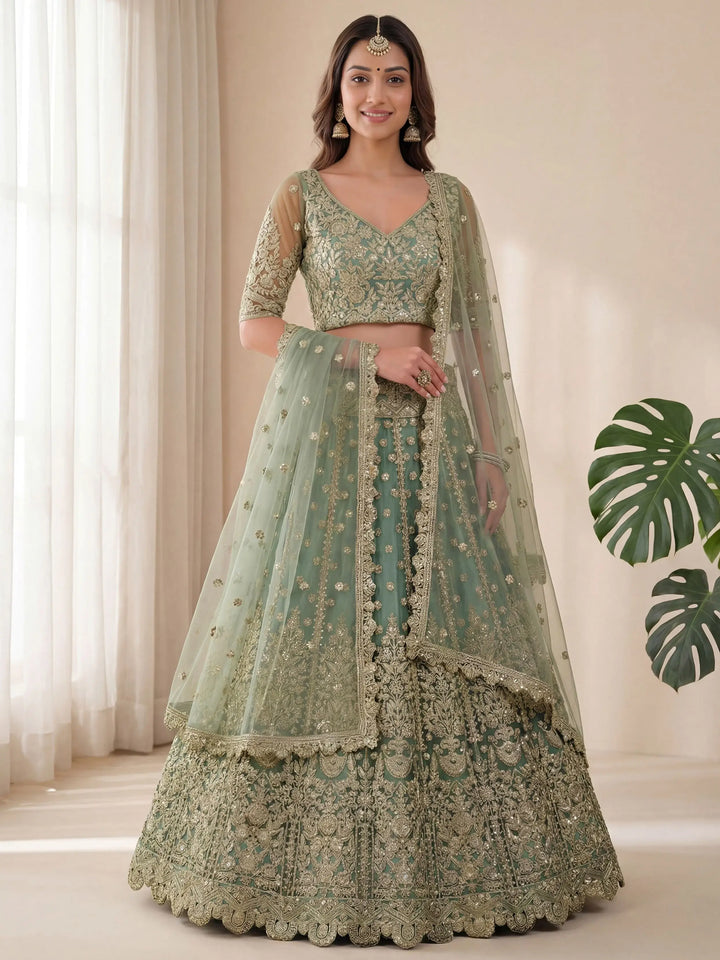 Excellent Mint Green Sequins Net Bridesmaid Lehenga Choli With Dupatta