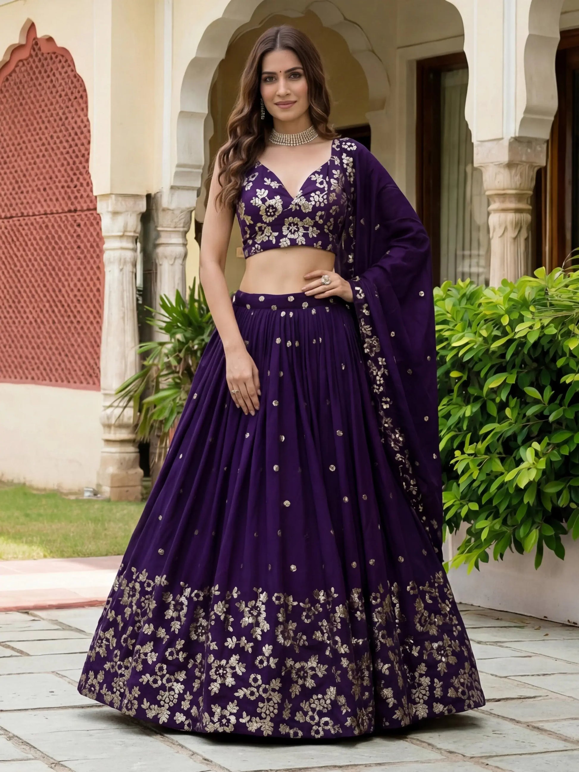 Captivating Purple Sequins Georgette Function Wear Lehenga Choli With Dupatta
