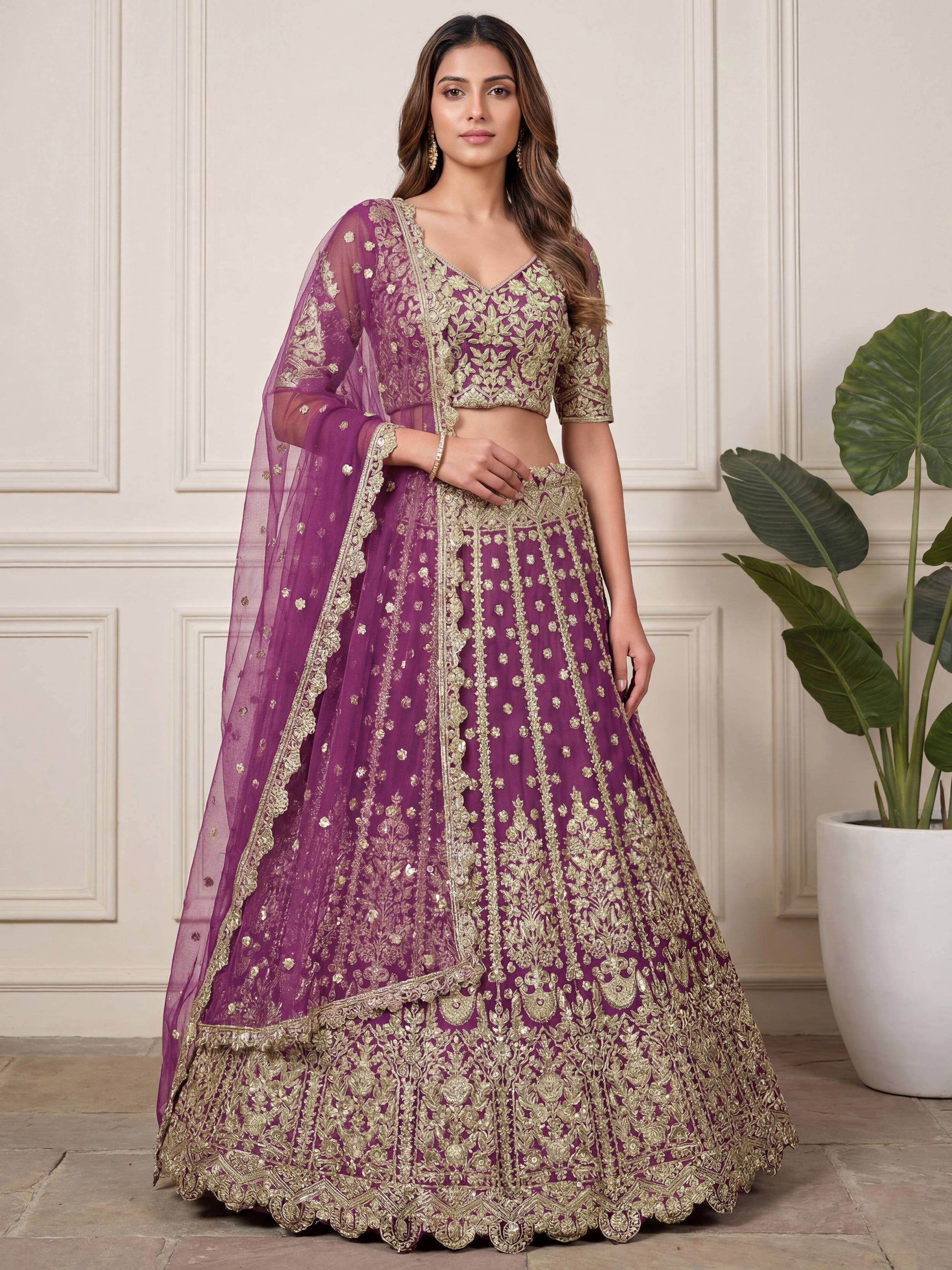 Precious Purple Embroidered Net Wedding Wear Lehenga Choli With Dupatta