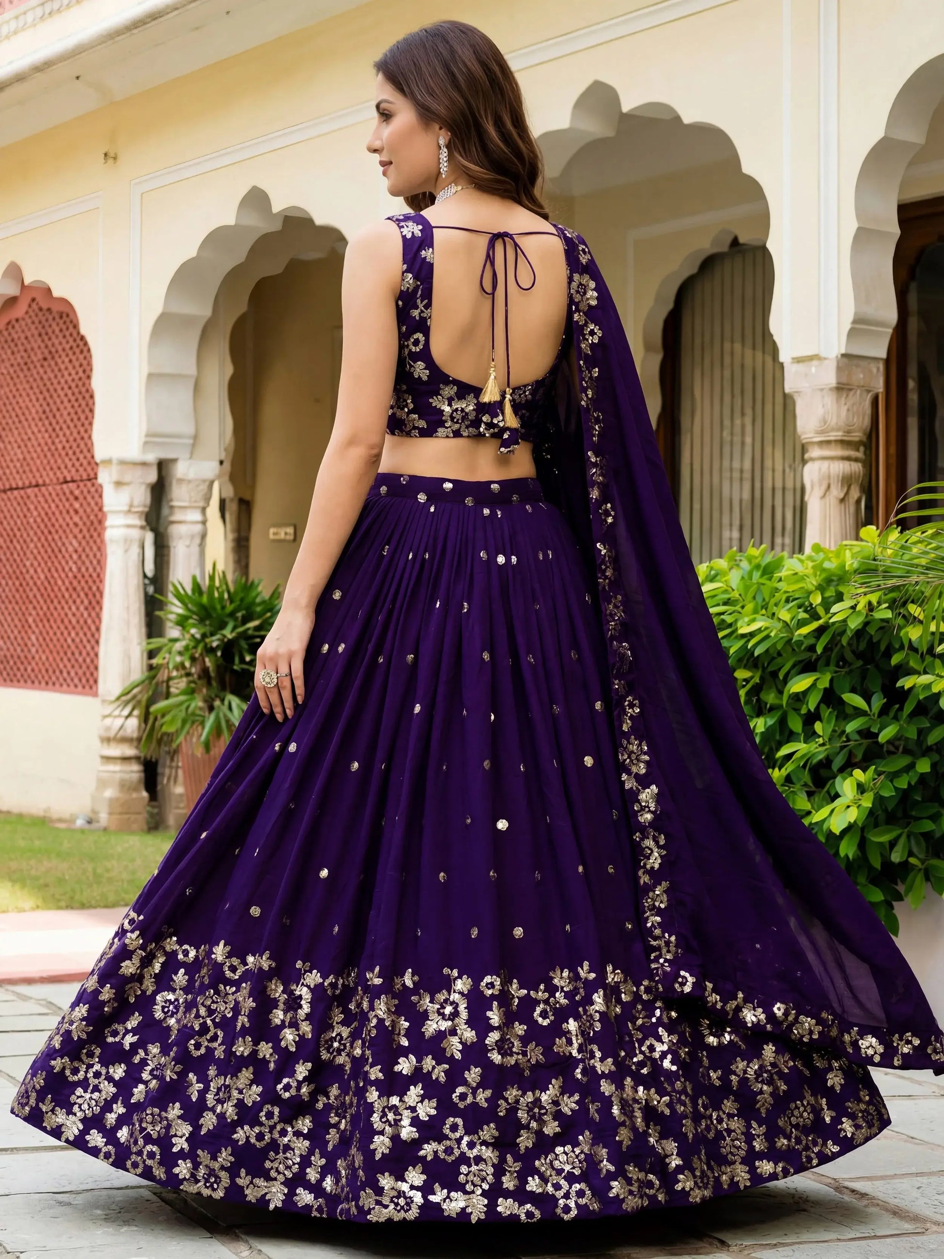Captivating Purple Sequins Georgette Function Wear Lehenga Choli With Dupatta