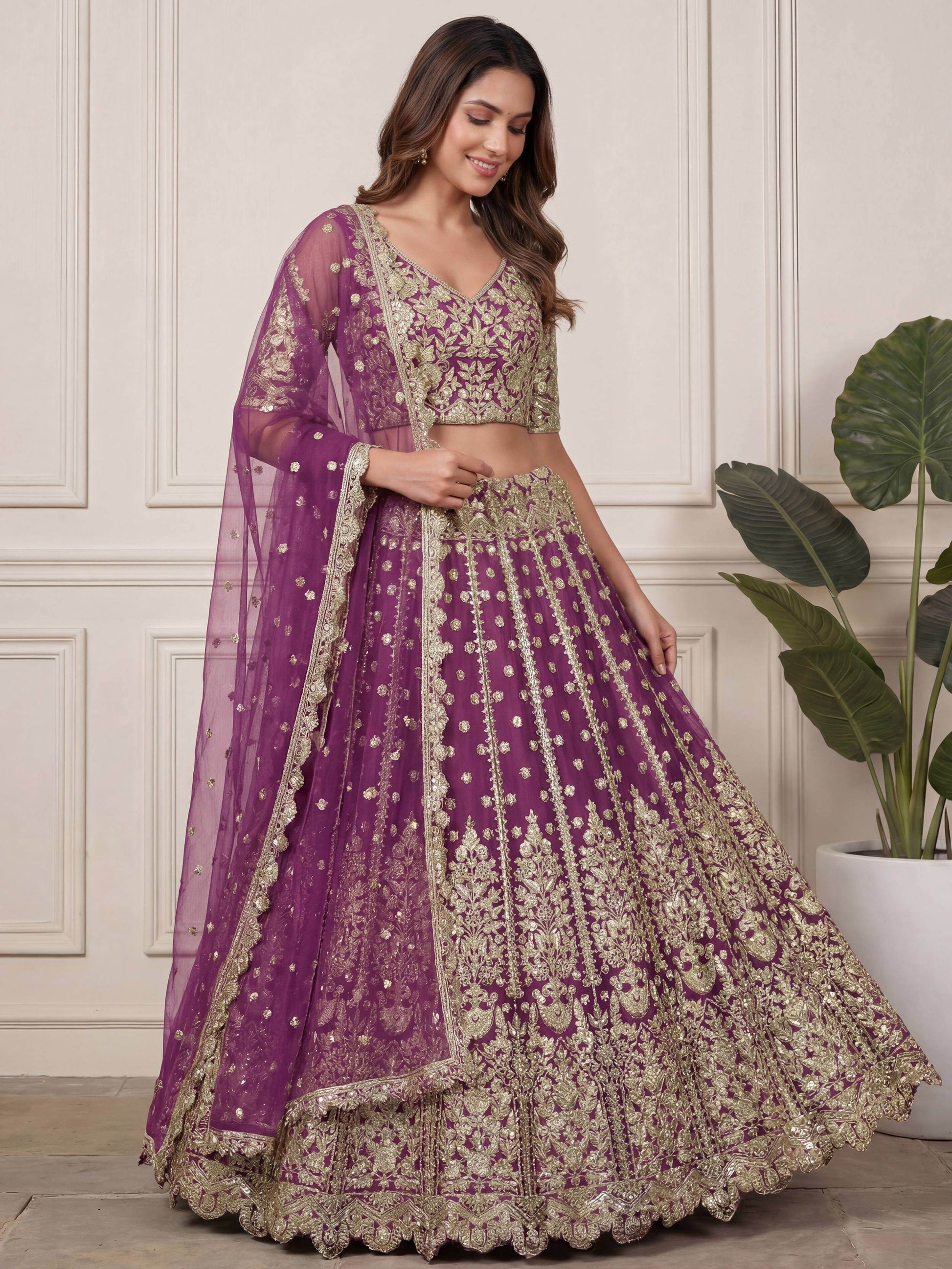 Precious Purple Embroidered Net Wedding Wear Lehenga Choli With Dupatta