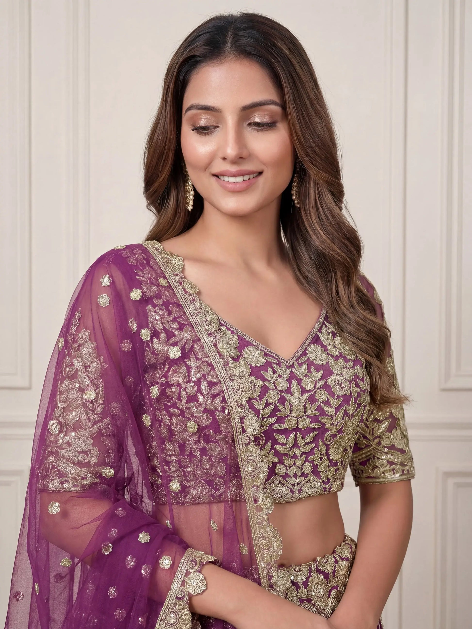 Precious Purple Embroidered Net Wedding Wear Lehenga Choli With Dupatta