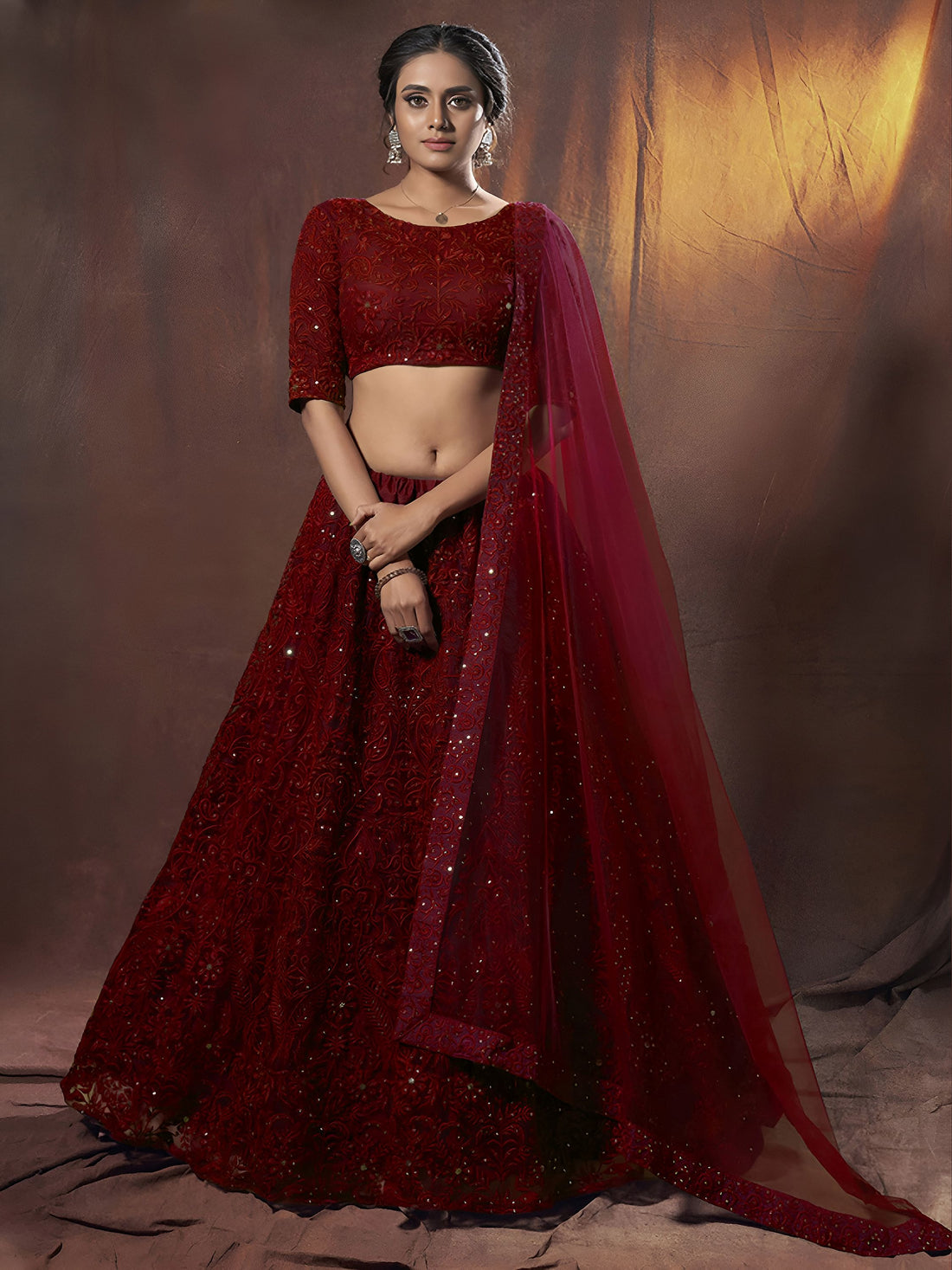 Magnetic Maroon Thread Work Net Wedding Wear Lehenga With Blouse