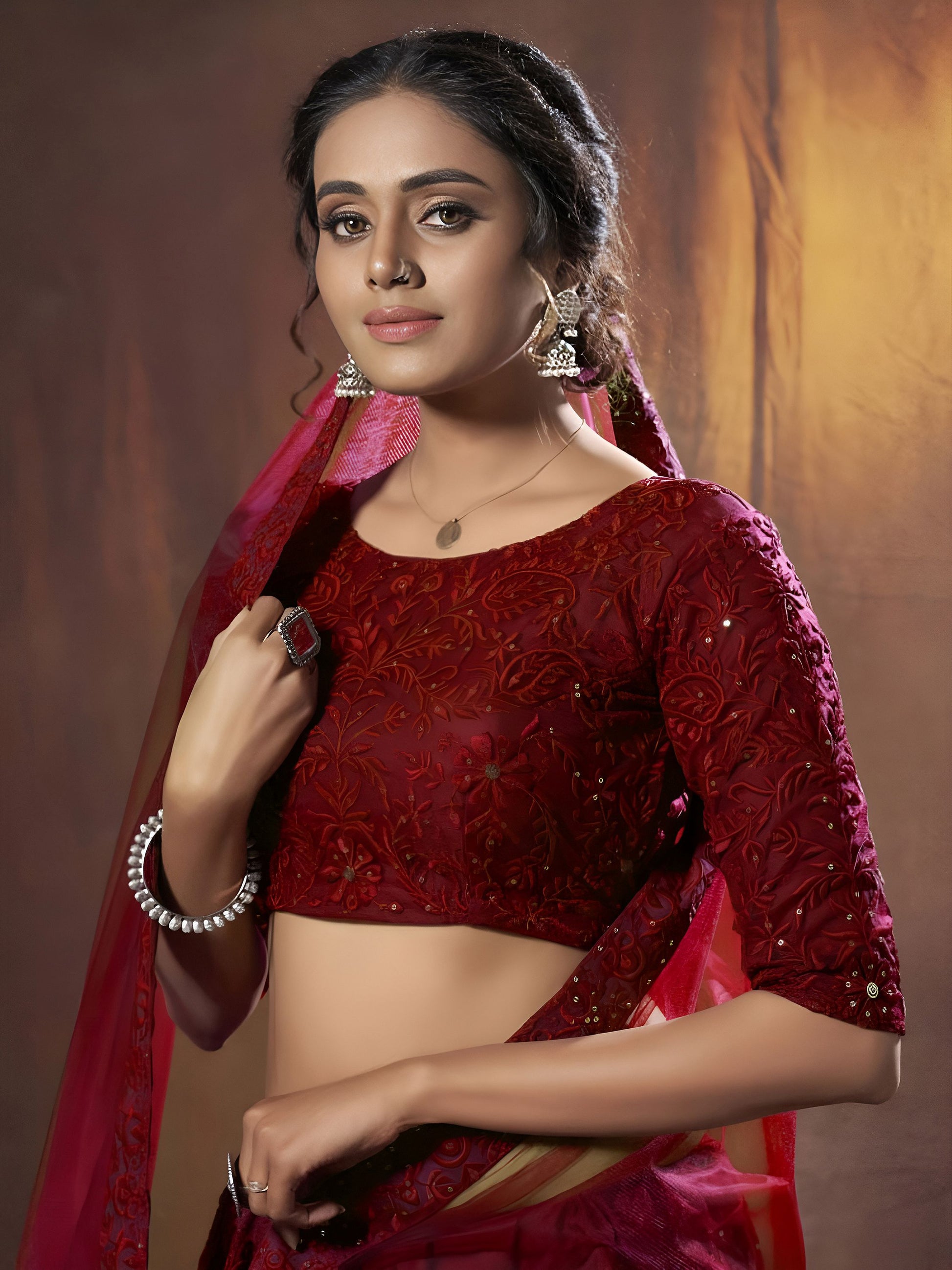 Magnetic Maroon Thread Work Net Wedding Wear Lehenga With Blouse