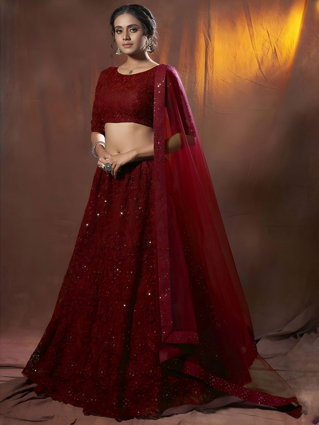 Magnetic Maroon Thread Work Net Wedding Wear Lehenga With Blouse