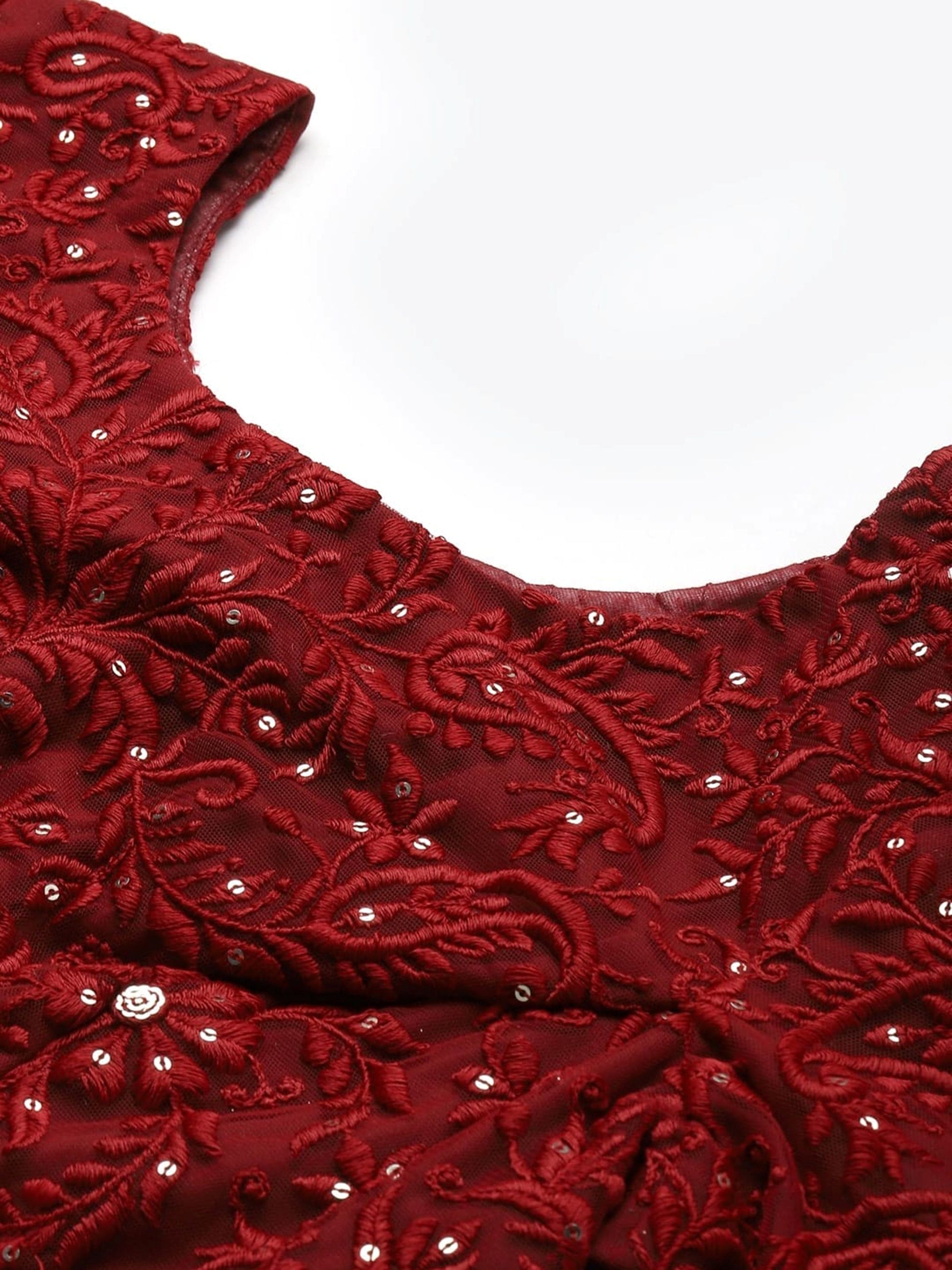 Magnetic Maroon Thread Work Net Wedding Wear Lehenga With Blouse