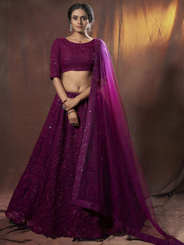 Alluring Purple Embroidered Net Reception Wear Lehenga Choli With Dupatta