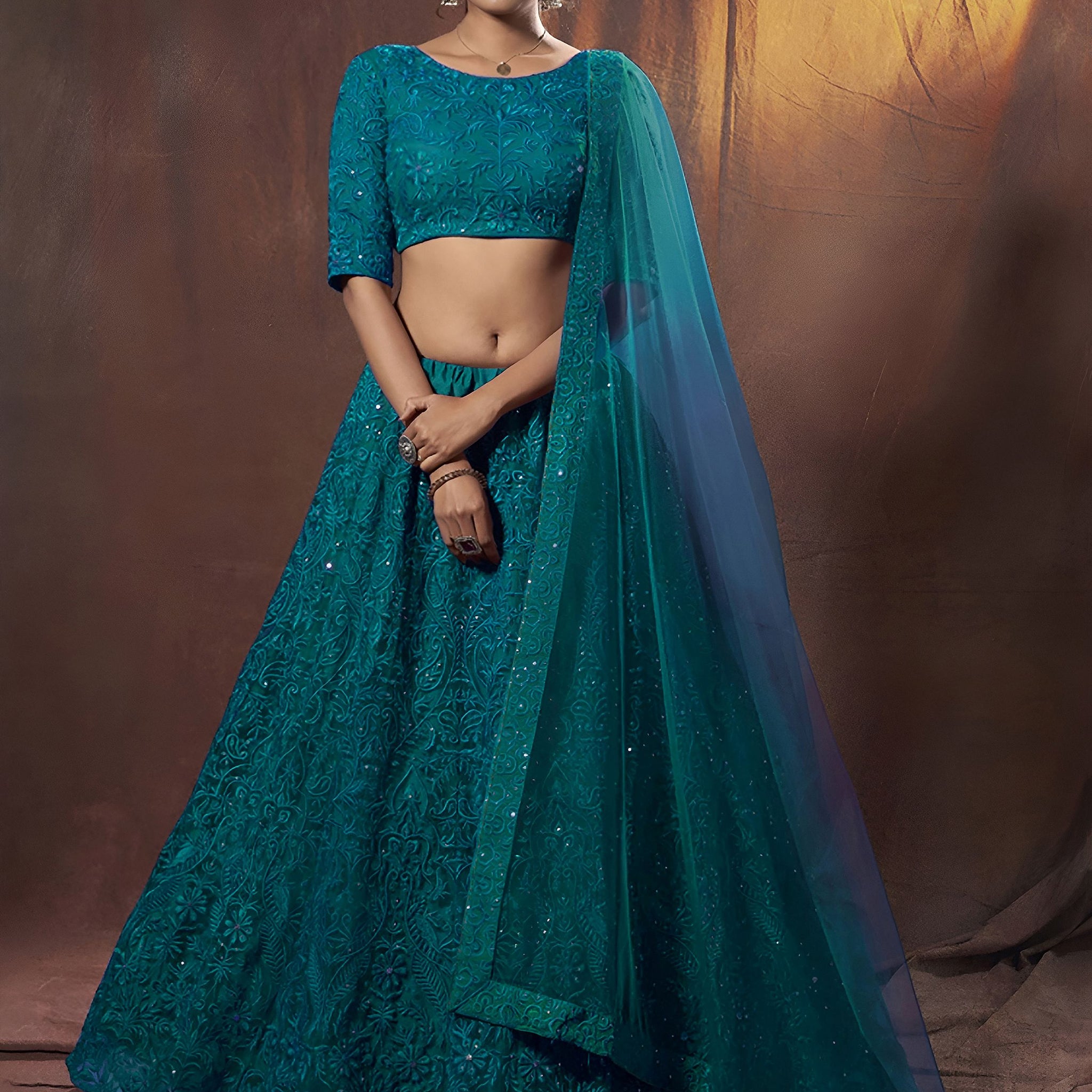Regal Teal Green Sequins Work Net Traditional Lehenga Choli With Dupatta