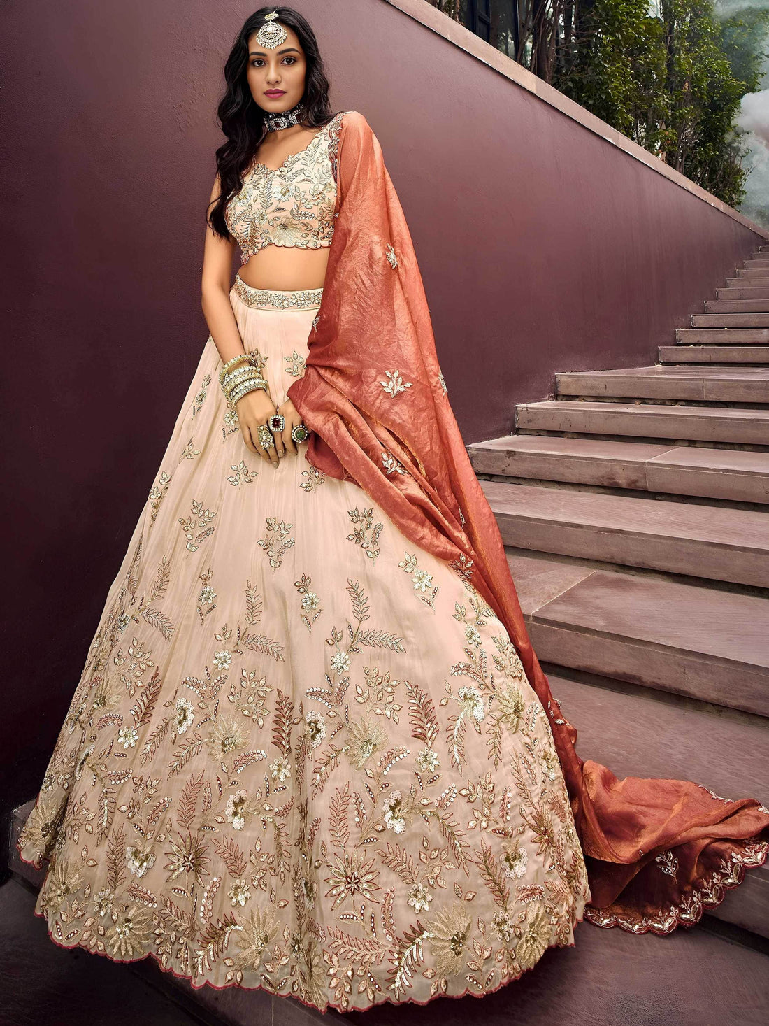 Lovely Peach Sequins Silk Bridesmaid Lehenga Choli With Dupatta