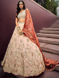 Lovely Peach Sequins Silk Bridesmaid Lehenga Choli With Dupatta