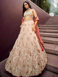 Lovely Peach Sequins Silk Bridesmaid Lehenga Choli With Dupatta