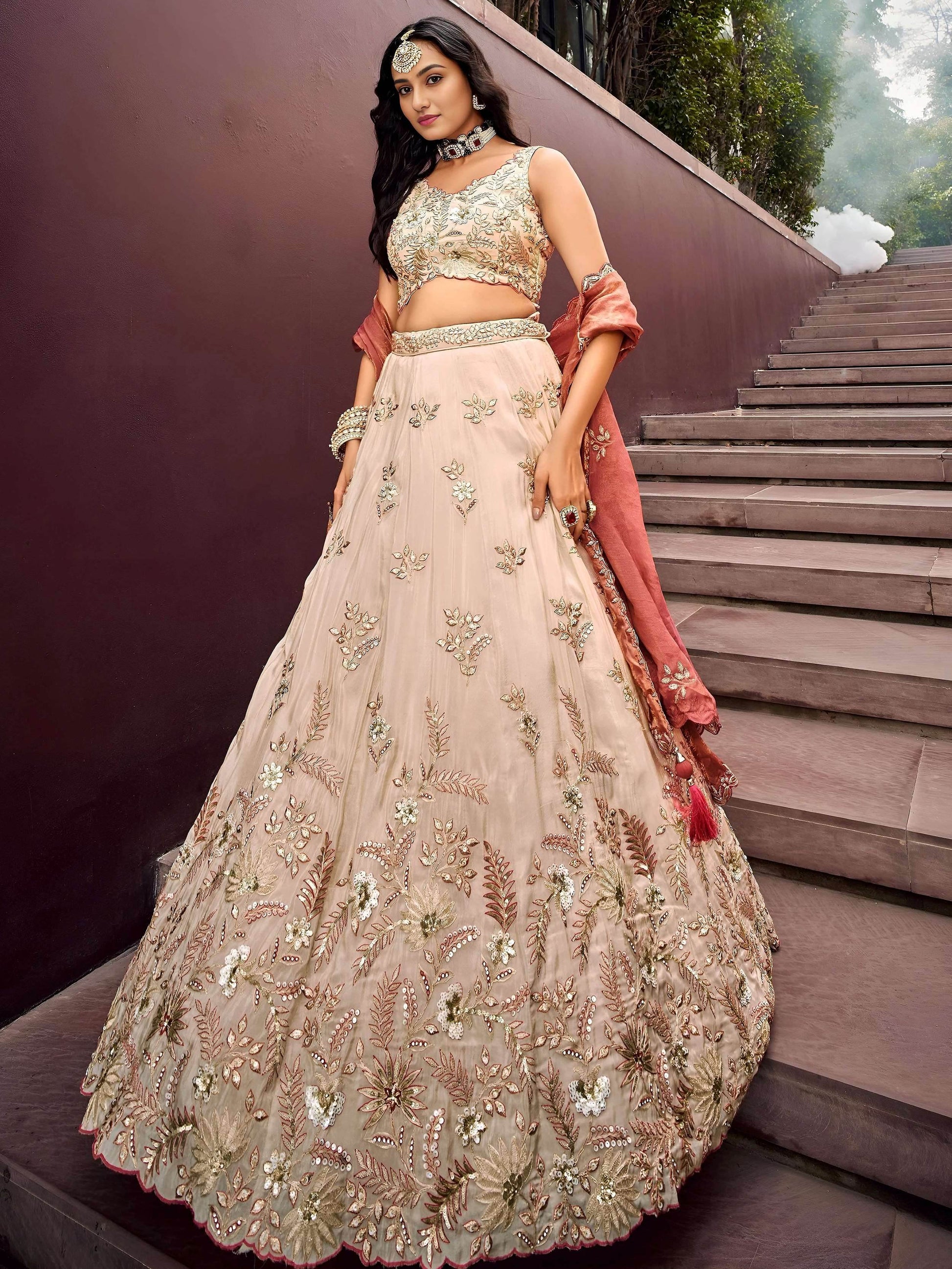 Lovely Peach Sequins Silk Bridesmaid Lehenga Choli With Dupatta