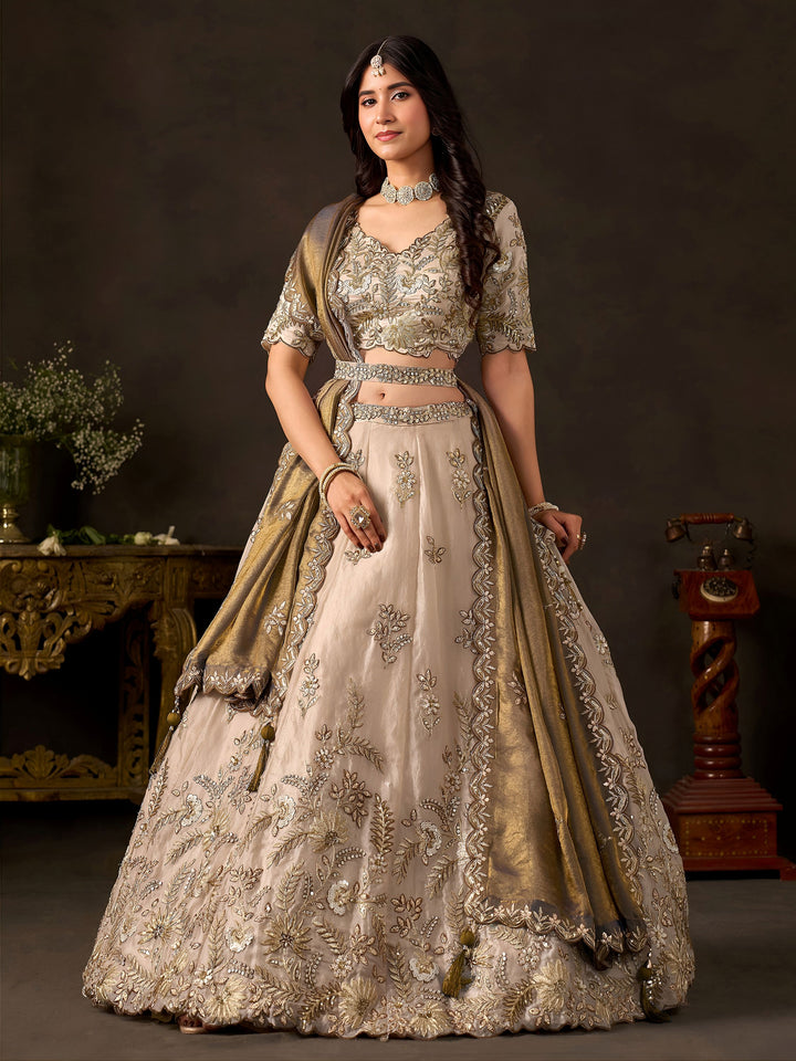 Exquisite Cream Embroidered Silk Bridesmaid Wear Lehenga Choli