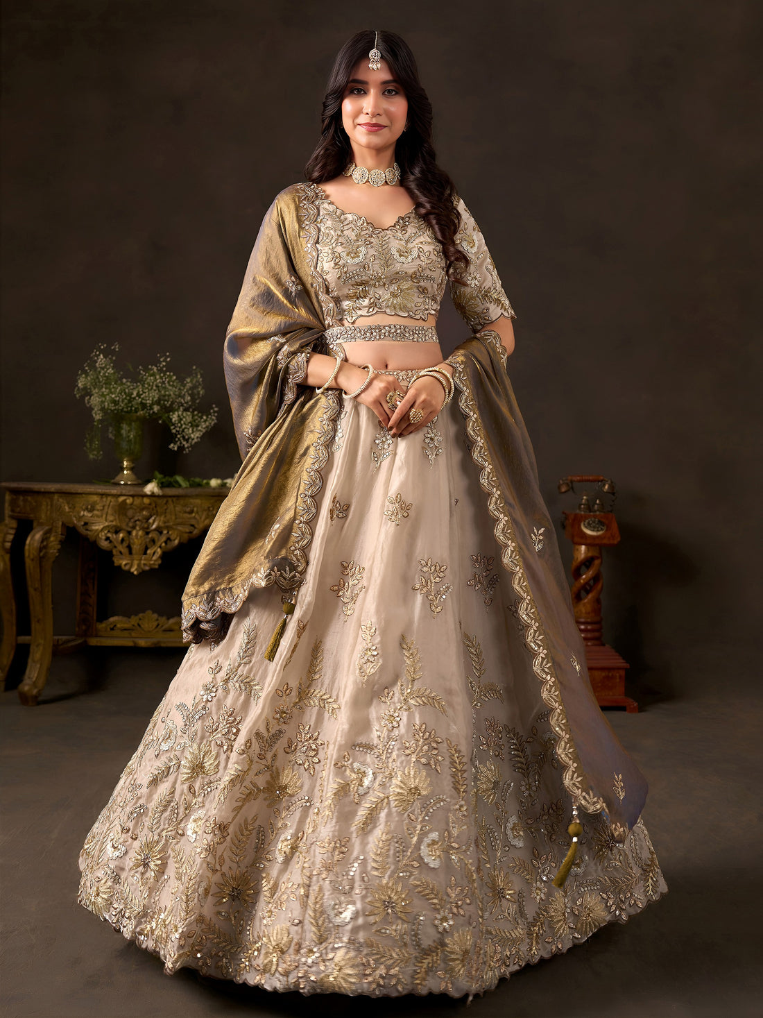 Exquisite Cream Embroidered Silk Bridesmaid Wear Lehenga Choli