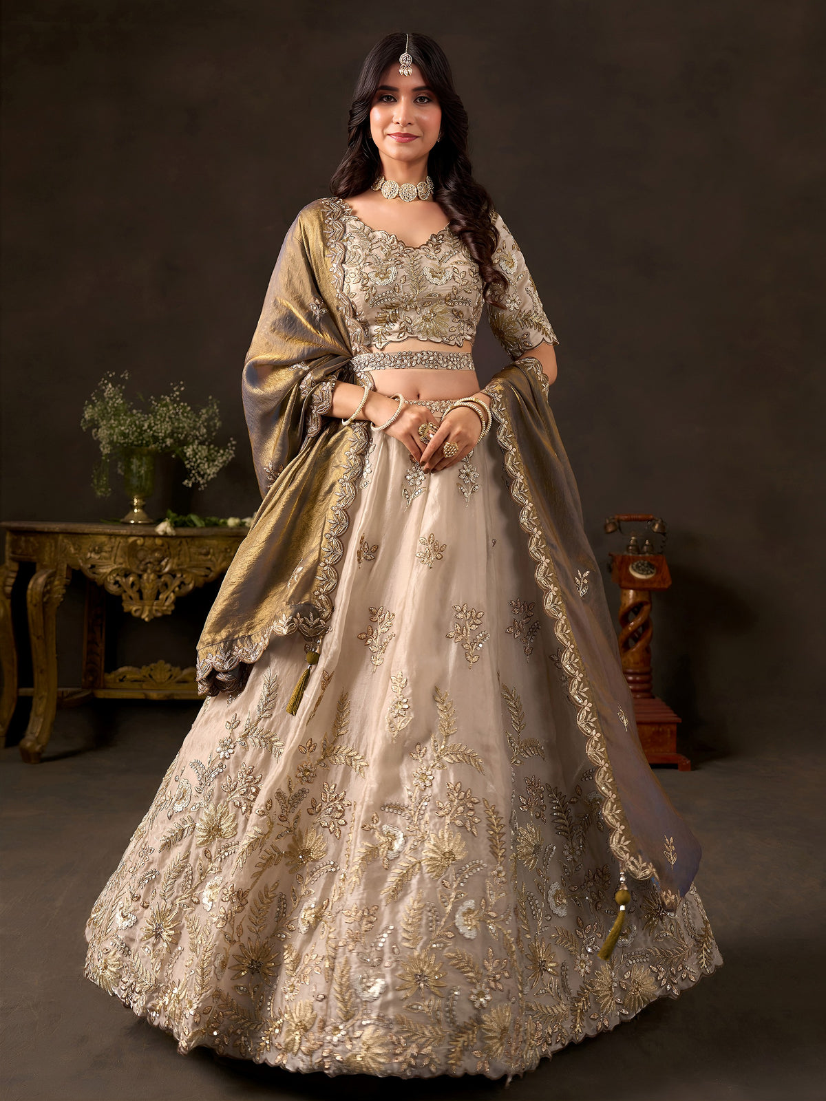 Exquisite Cream Embroidered Silk Bridesmaid Wear Lehenga Choli