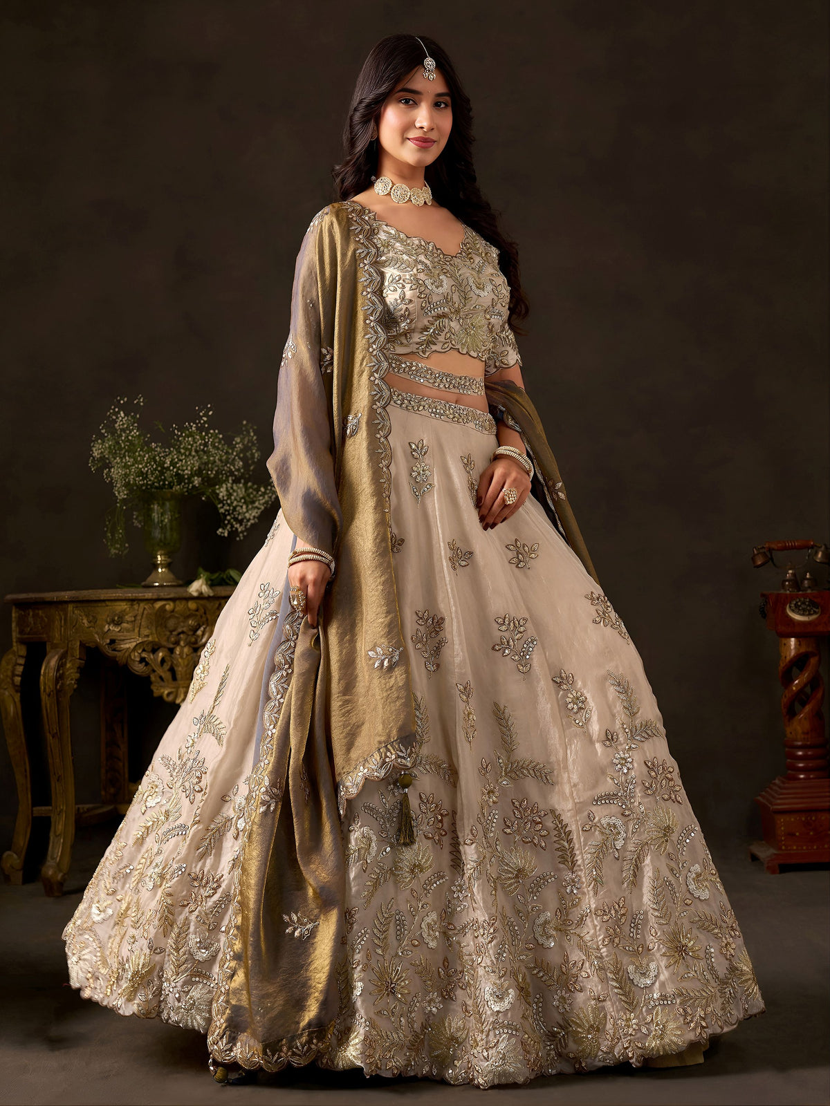 Exquisite Cream Embroidered Silk Bridesmaid Wear Lehenga Choli