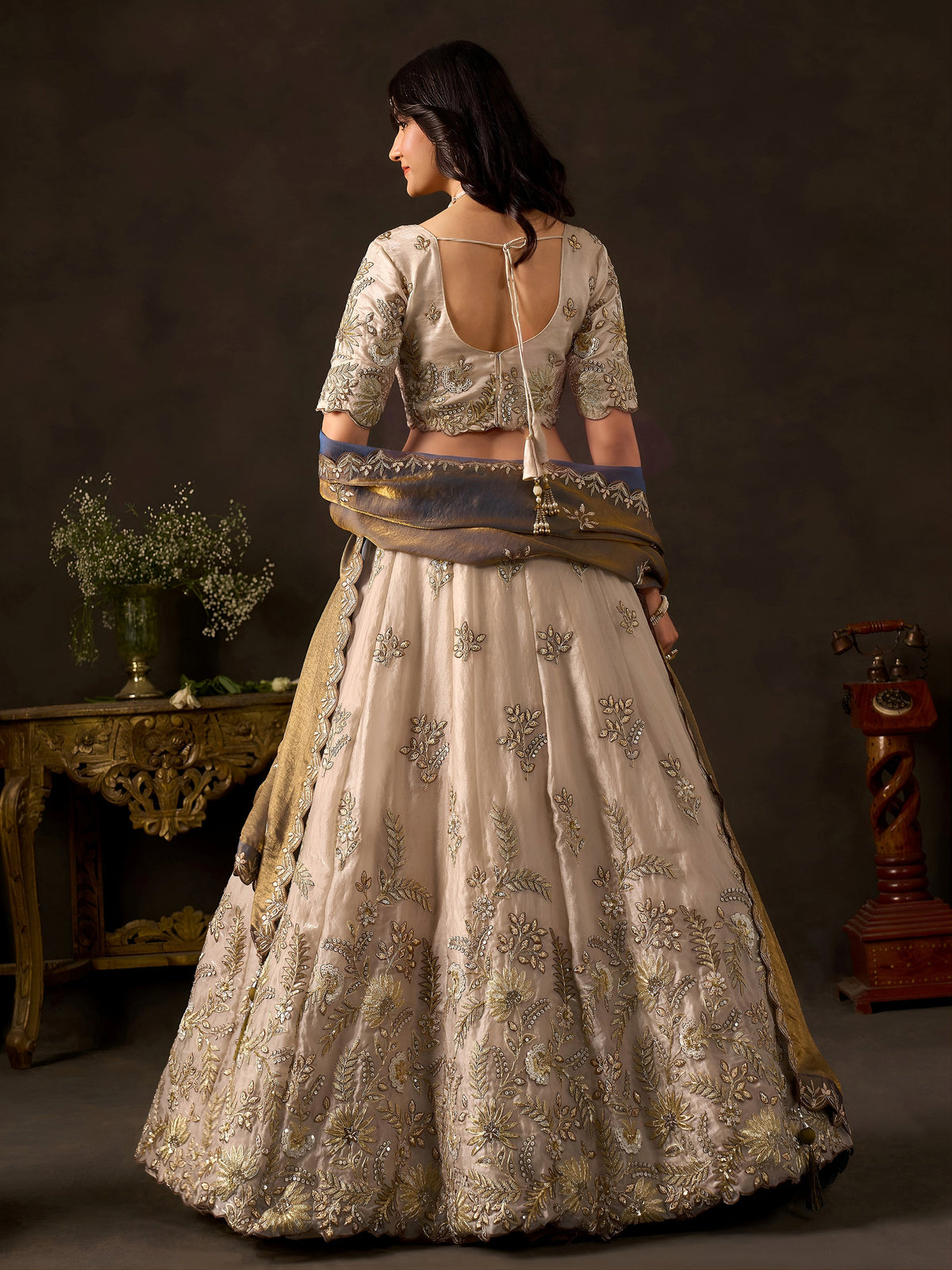 Exquisite Cream Embroidered Silk Bridesmaid Wear Lehenga Choli