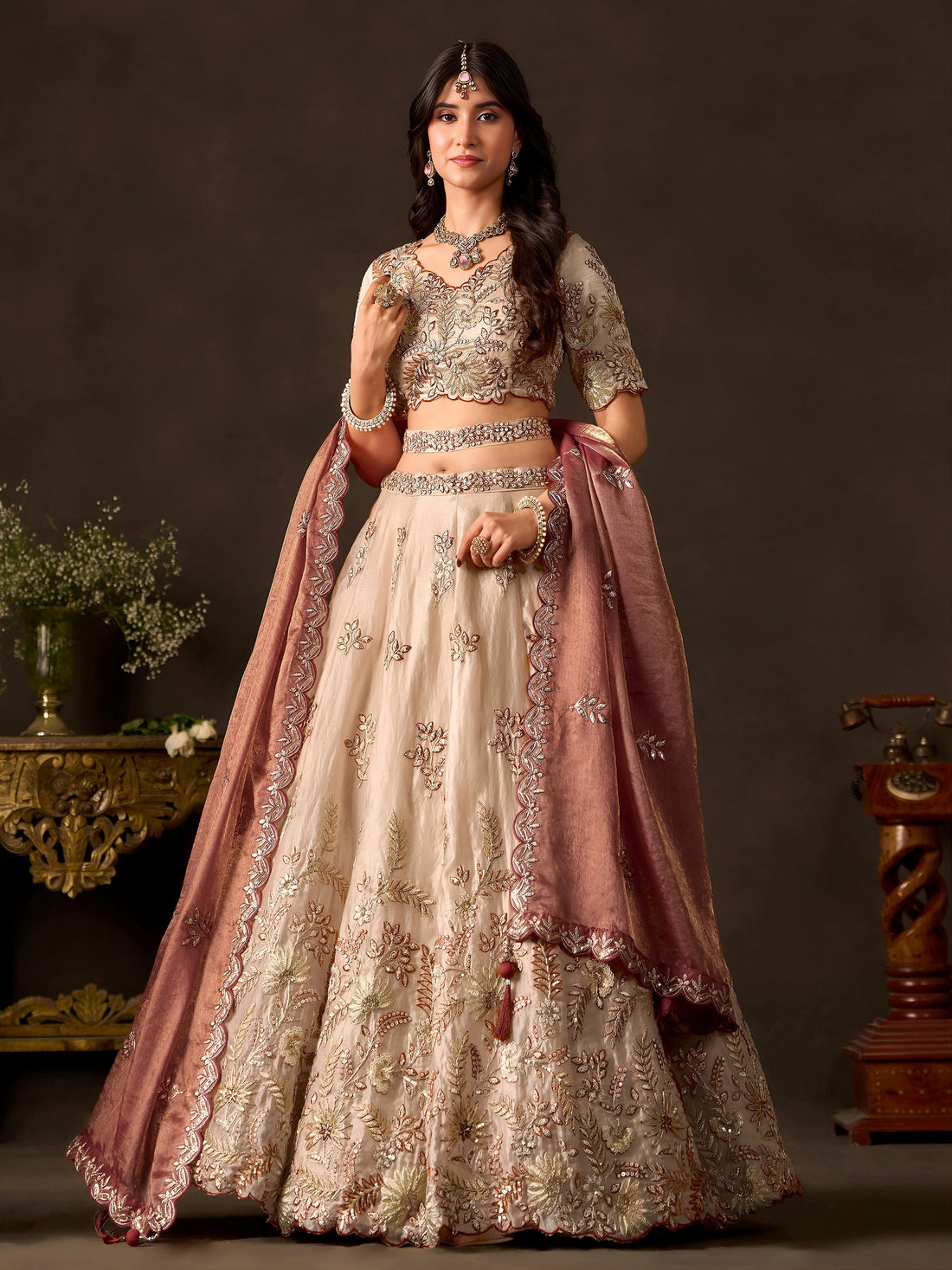 Luxe Cream Sequins Work Silk Wedding Wear Lehenga Choli