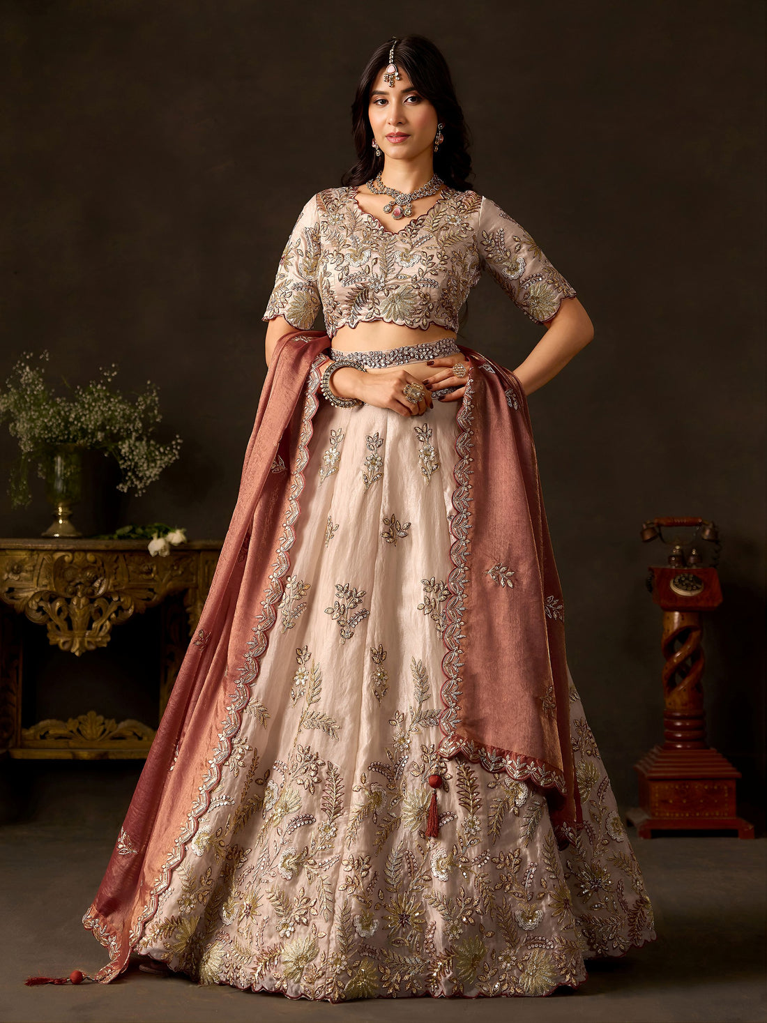 Luxe Cream Sequins Work Silk Wedding Wear Lehenga Choli