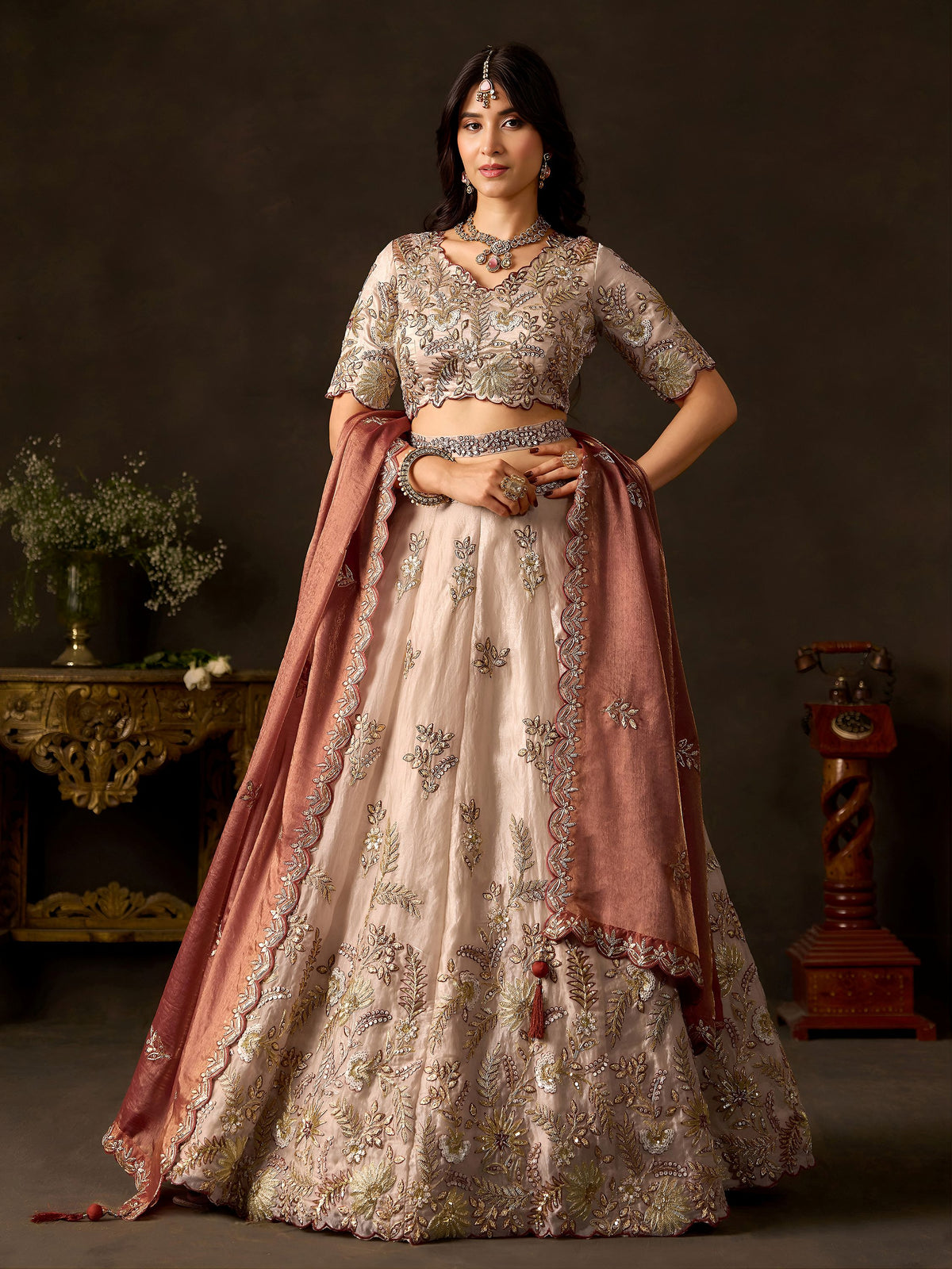 Luxe Cream Sequins Work Silk Wedding Wear Lehenga Choli
