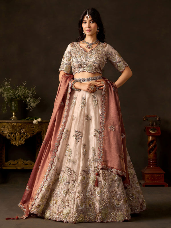 Luxe Cream Sequins Work Silk Wedding Wear Lehenga Choli