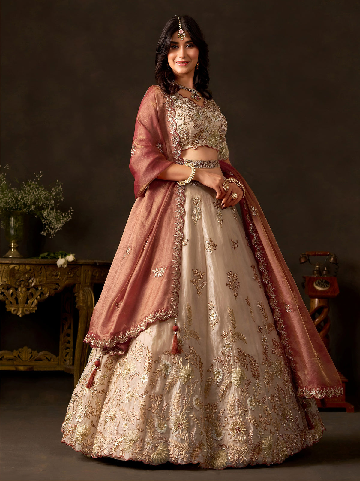 Luxe Cream Sequins Work Silk Wedding Wear Lehenga Choli