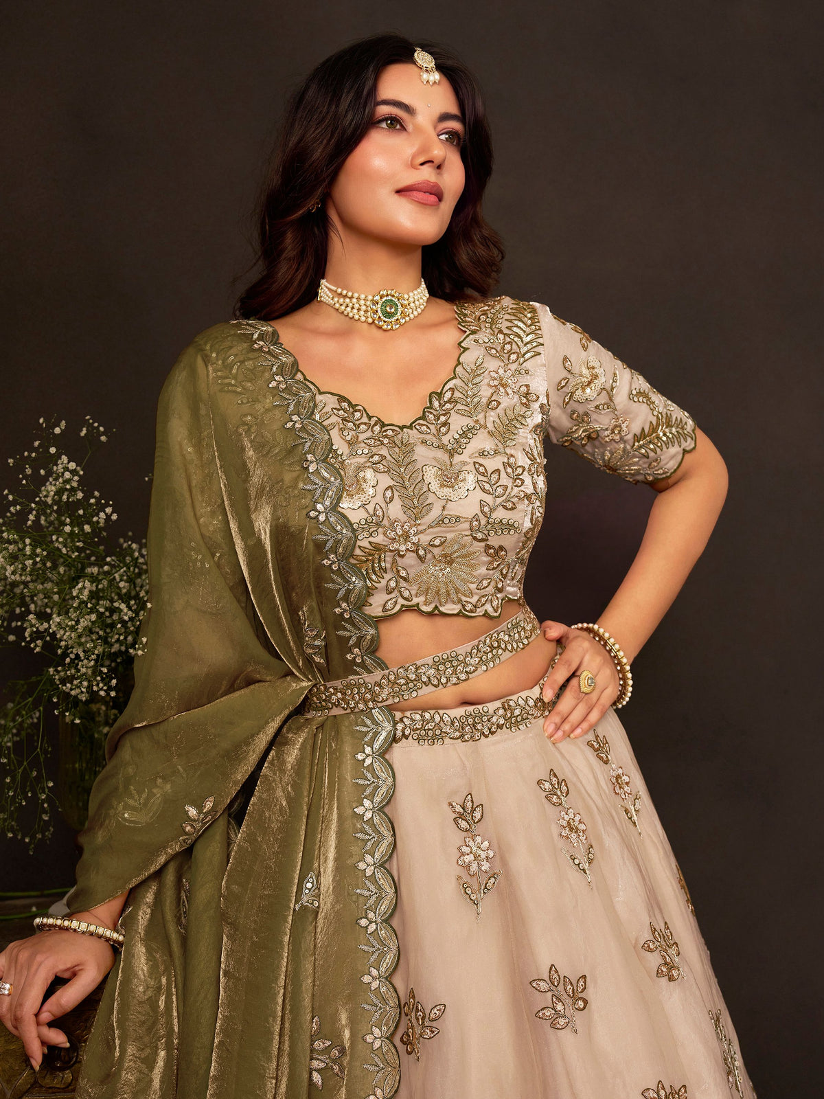 Graceful Cream Embroidered Silk Reception Wear Lehenga Choli