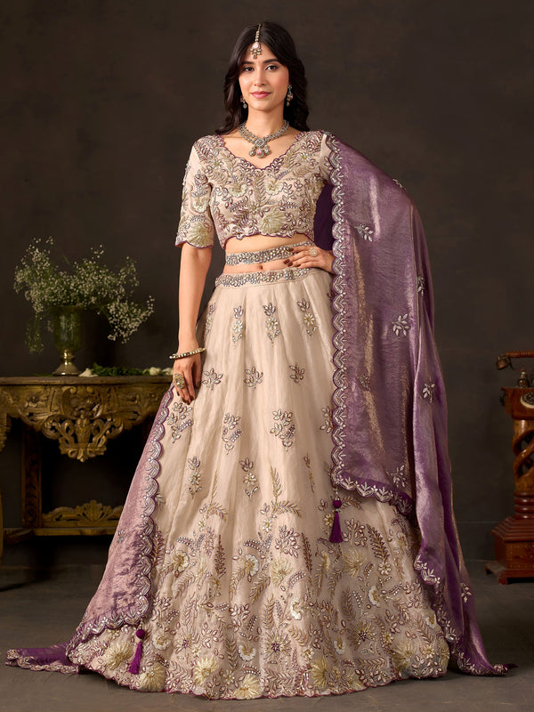 Majestic Cream Sequins Work Silk Bridesmaid Wear Lehenga Choli