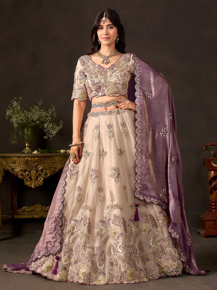Majestic Cream Sequins Work Silk Bridesmaid Wear Lehenga Choli