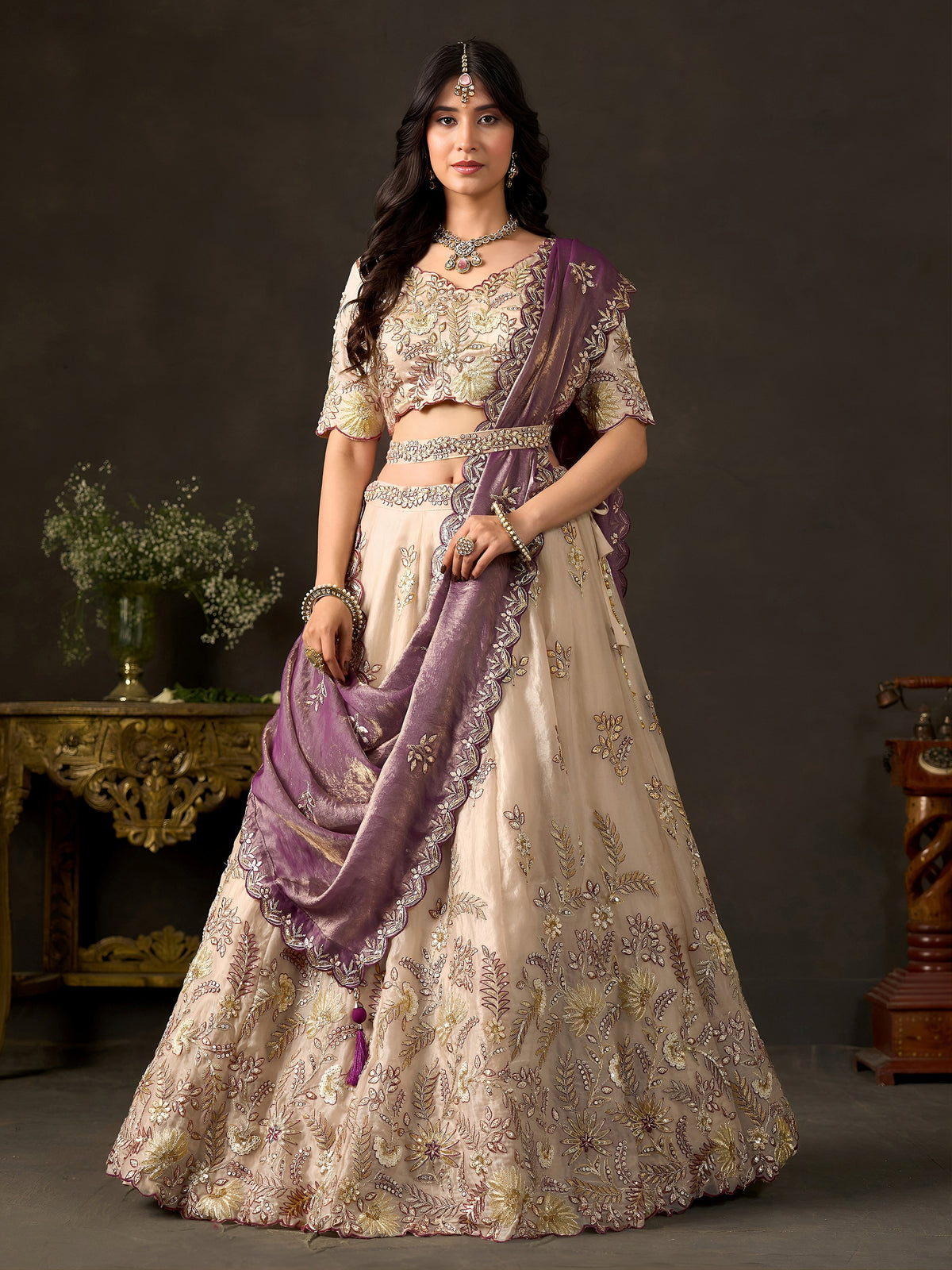 Majestic Cream Sequins Work Silk Bridesmaid Wear Lehenga Choli