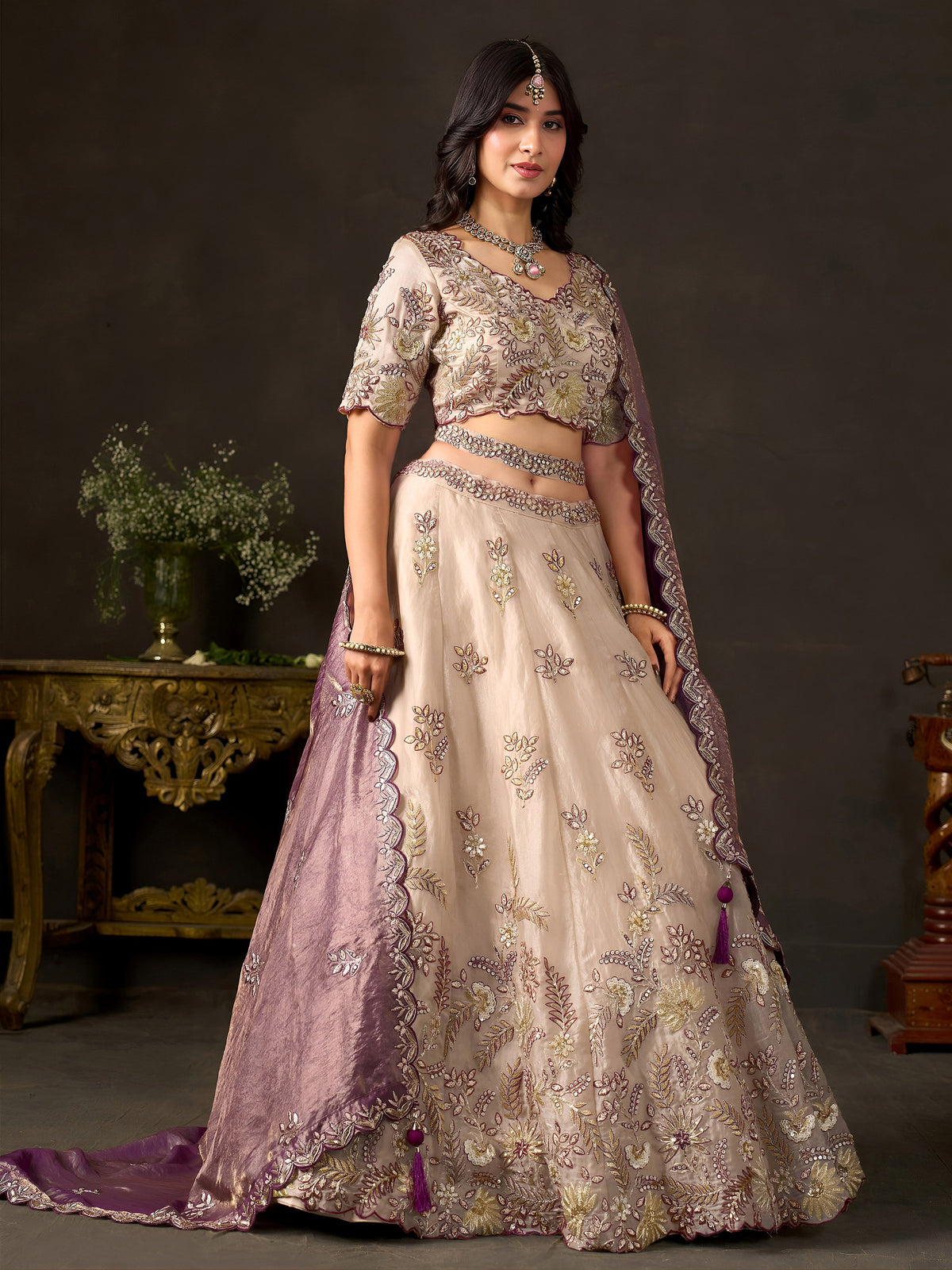 Majestic Cream Sequins Work Silk Bridesmaid Wear Lehenga Choli