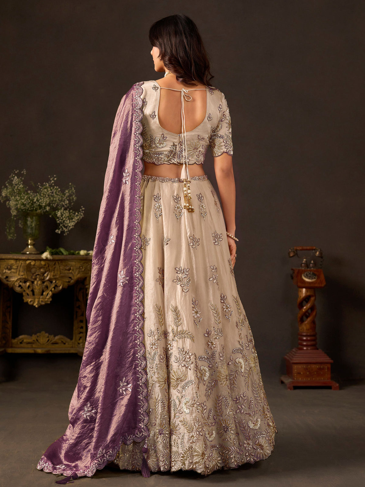 Majestic Cream Sequins Work Silk Bridesmaid Wear Lehenga Choli
