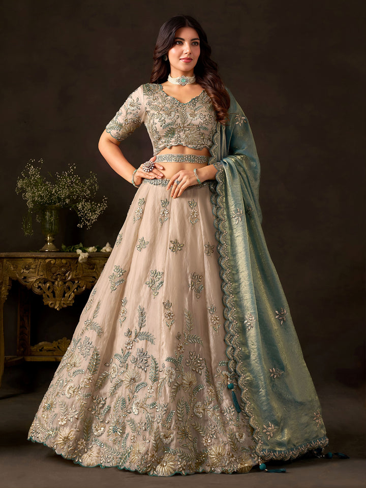 Magnificent Cream Sequins Work Silk Marriage Wear Lehenga Choli