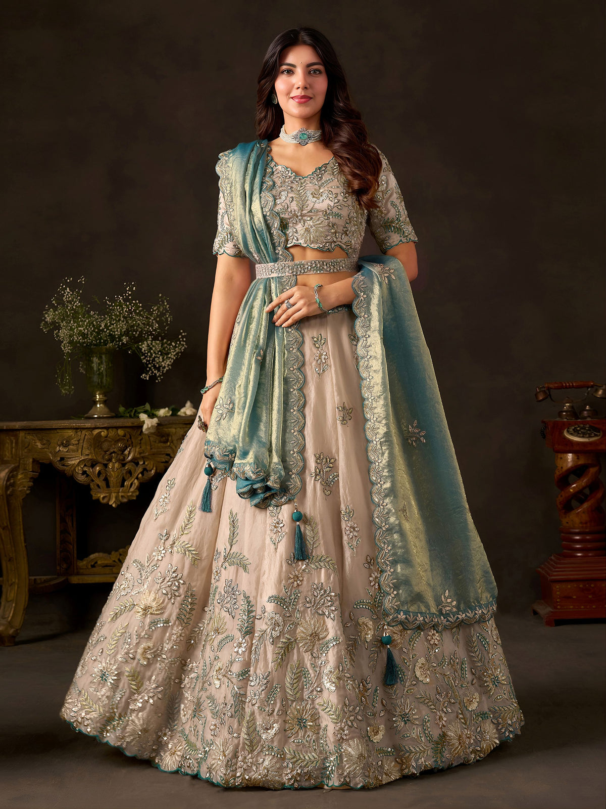 Magnificent Cream Sequins Work Silk Marriage Wear Lehenga Choli