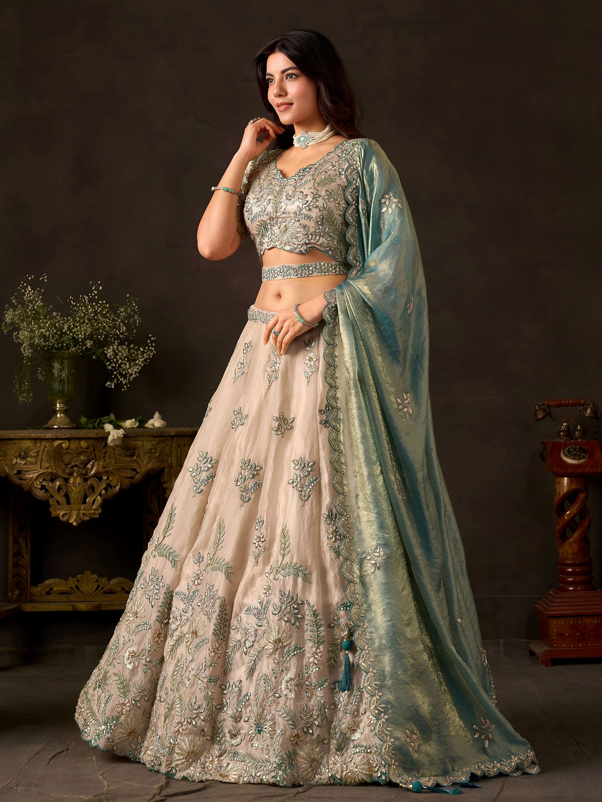 Magnificent Cream Sequins Work Silk Marriage Wear Lehenga Choli