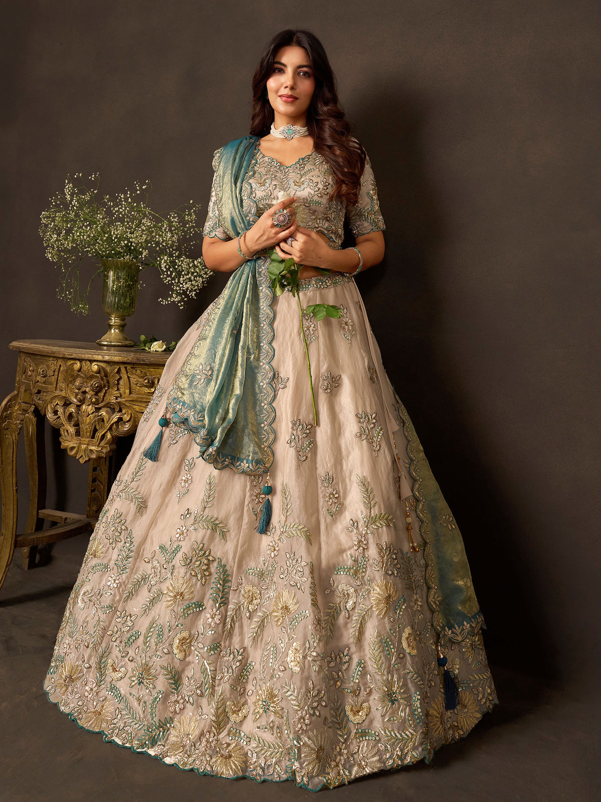 Magnificent Cream Sequins Work Silk Marriage Wear Lehenga Choli