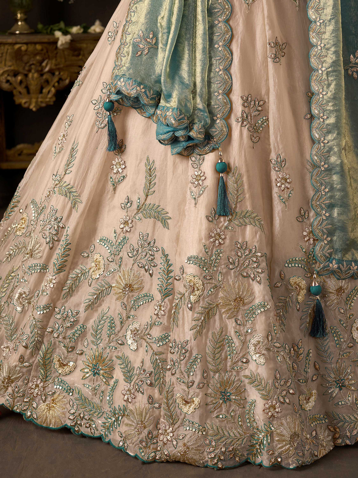 Magnificent Cream Sequins Work Silk Marriage Wear Lehenga Choli