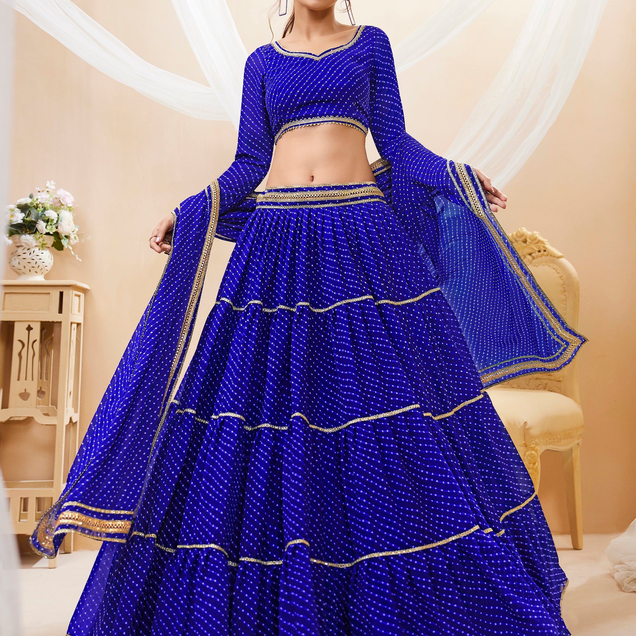 Wonderful Blue Leheriya Printed Georgette Festival Wear Lehenga Choli