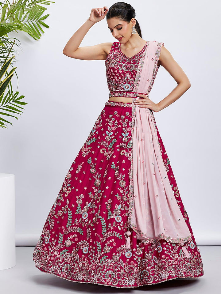 Glamorous Pink Embroidered Georgette Wedding Wear Lehenga Choli