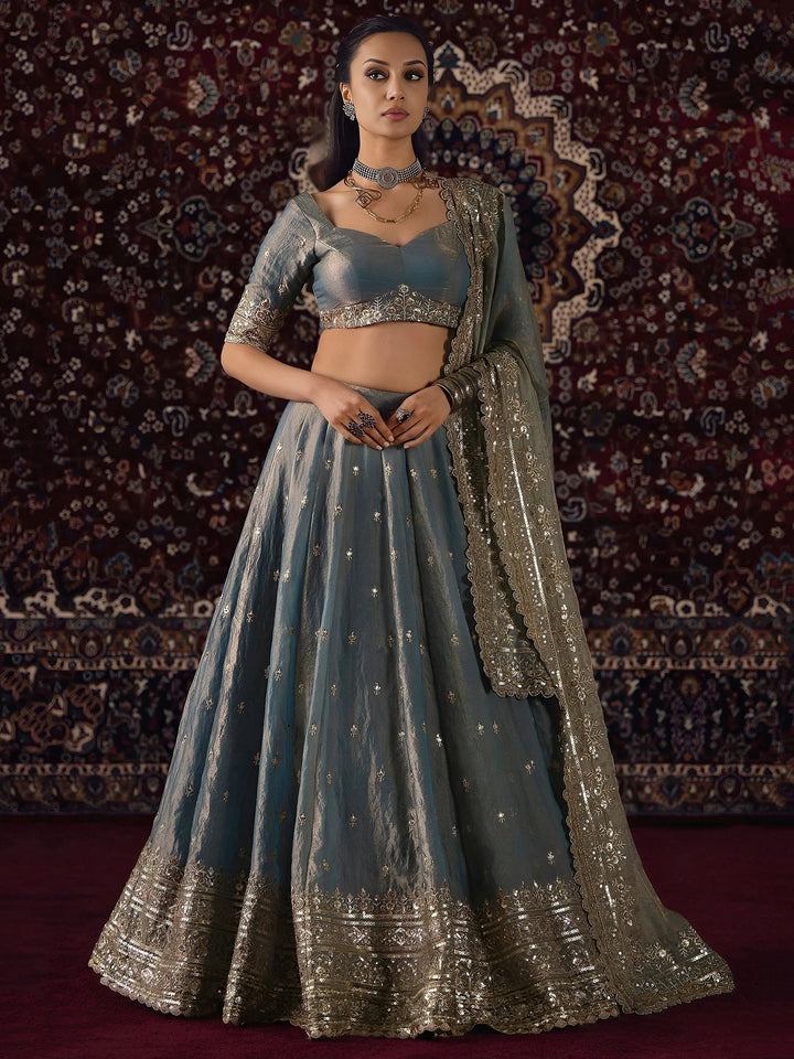 Elegant Grey Embroidered Silk Wedding Wear Lehenga Choli