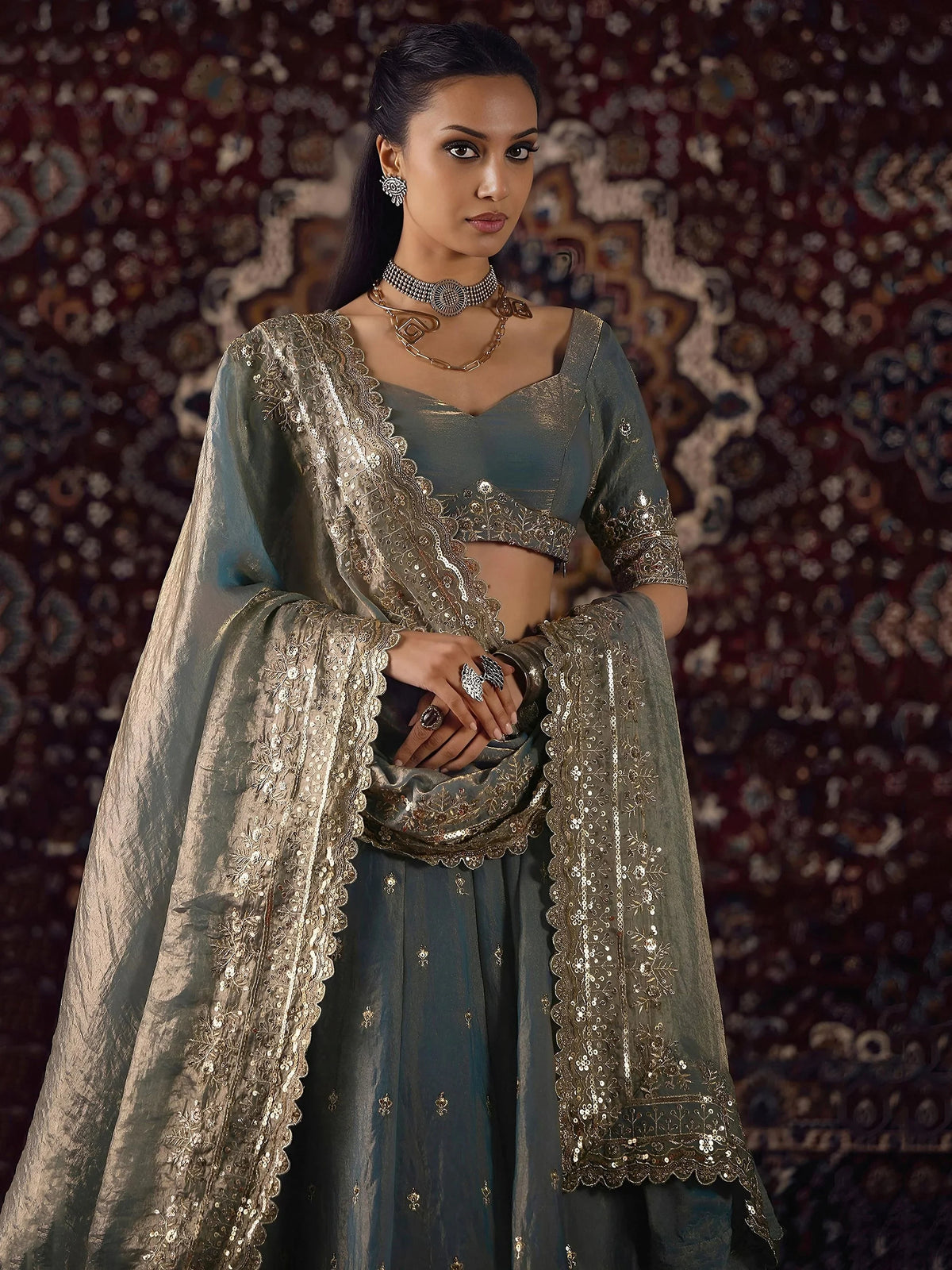 Elegant Grey Embroidered Silk Wedding Wear Lehenga Choli
