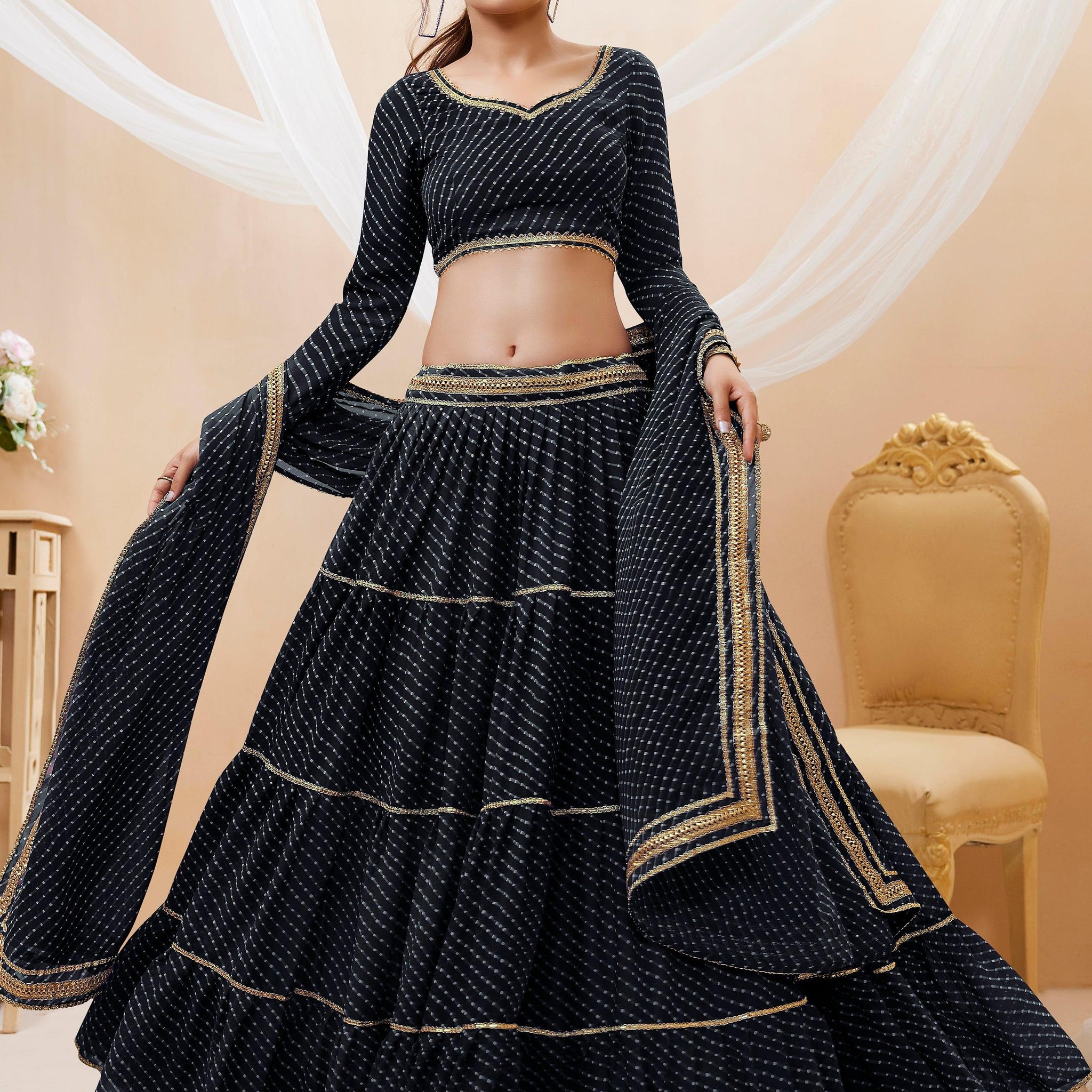 Beautiful Black Leheriya Printed Georgette Lehenga Choli With Dupatta