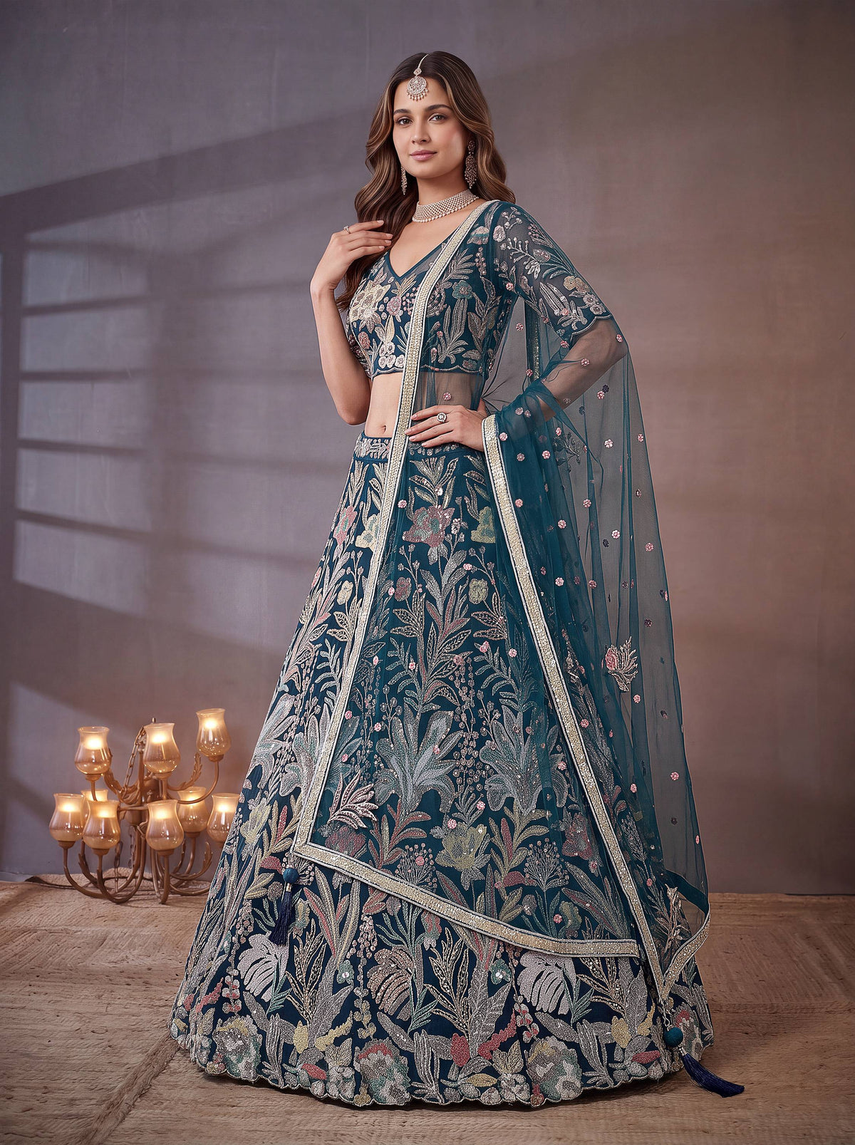 Stunning Blue Sequins Work Net Reception Wear Lehenga Choli