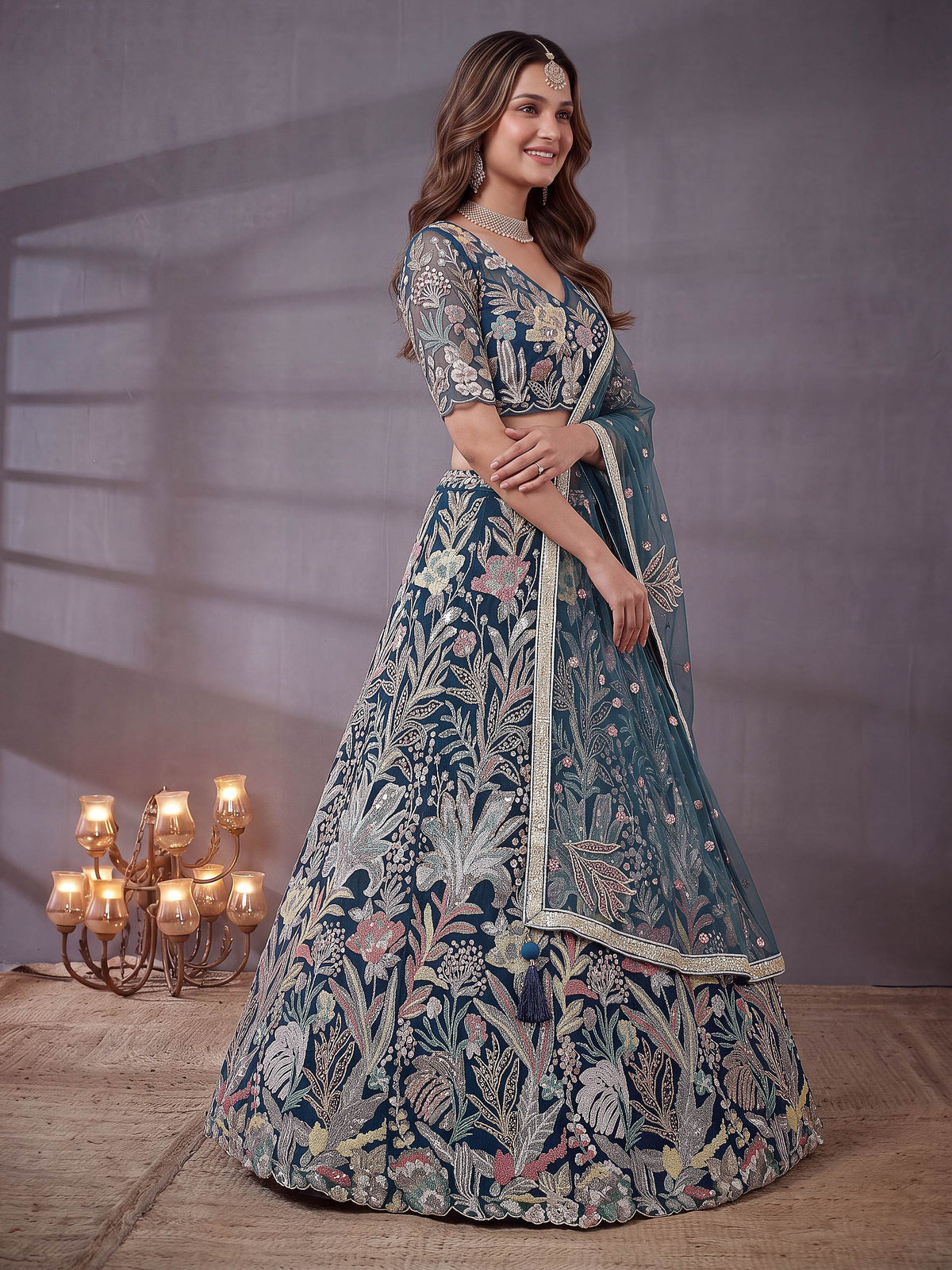 Stunning Blue Sequins Work Net Reception Wear Lehenga Choli