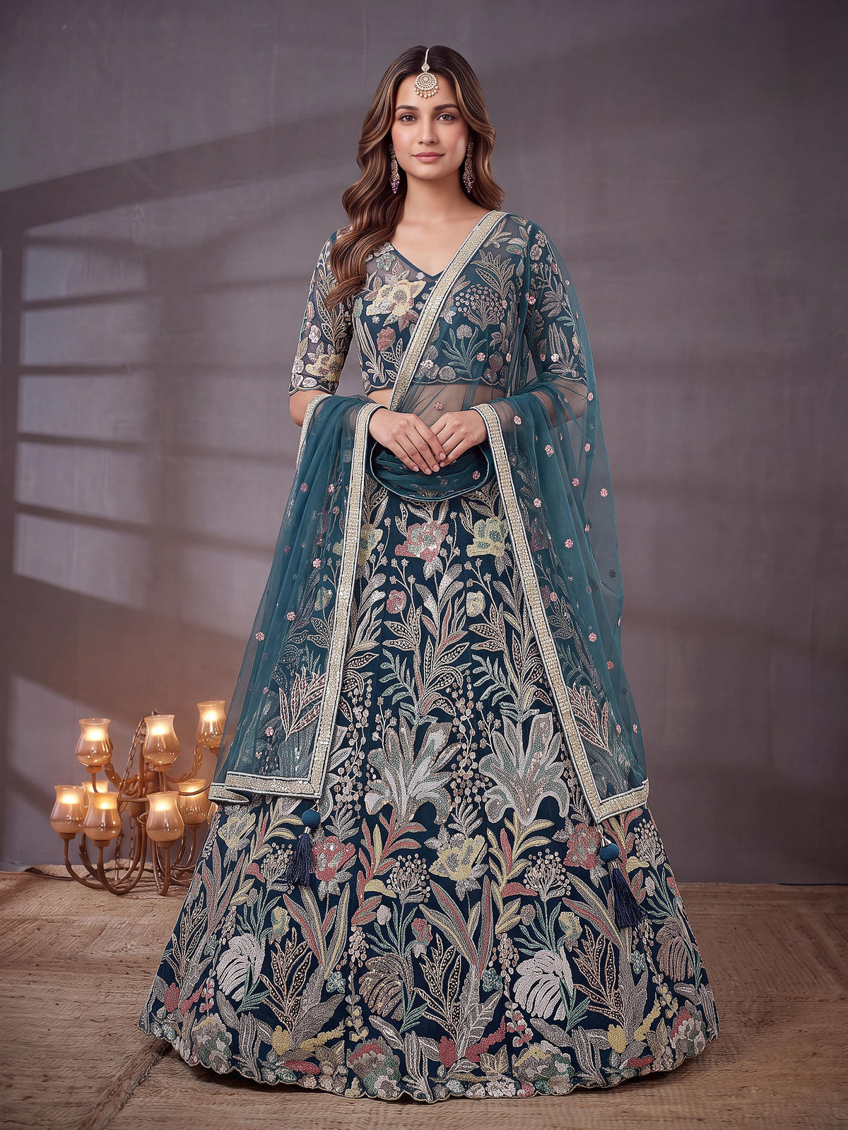 Stunning Blue Sequins Work Net Reception Wear Lehenga Choli