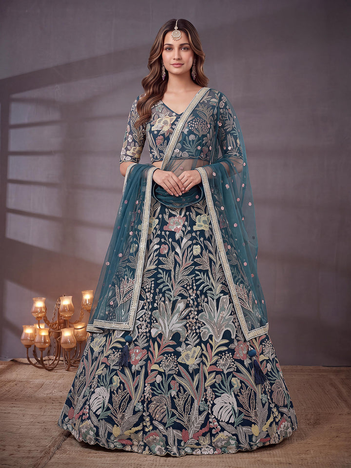 Stunning Blue Sequins Work Net Reception Wear Lehenga Choli
