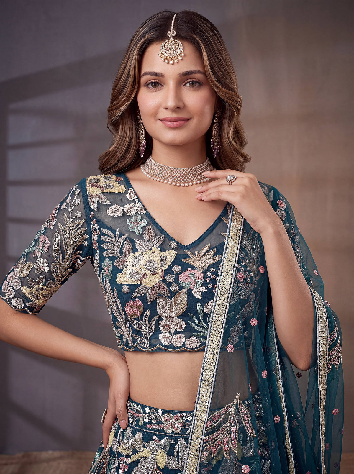 Stunning Blue Sequins Work Net Reception Wear Lehenga Choli