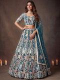 Amazing Teal Blue Embroidered Net Wedding Wear Lehenga Choli With Dupatta