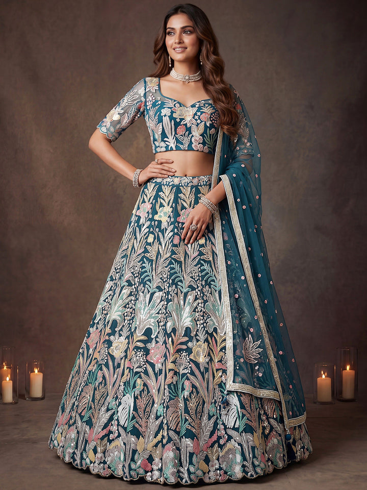 Amazing Teal Blue Embroidered Net Wedding Wear Lehenga Choli With Dupatta