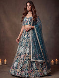 Amazing Teal Blue Embroidered Net Wedding Wear Lehenga Choli With Dupatta